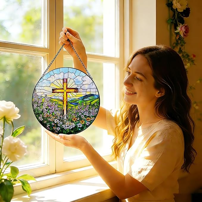 Stained Glass Window Hanging, 8 Inch Stained Glass Cross Wildflowers Suncatcher, Christian Sun Catchers Indoor Window, Flower Cross Religious Home Decor Panel, Easter Faith Christian Gifts for Women