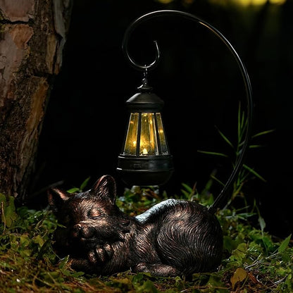 WSgift Outdoor Cat Figurine Garden Statue with Solar-Powered LED Light 13.77 Inches Tall, Gift Garden Statue Decor for Cat Lovers