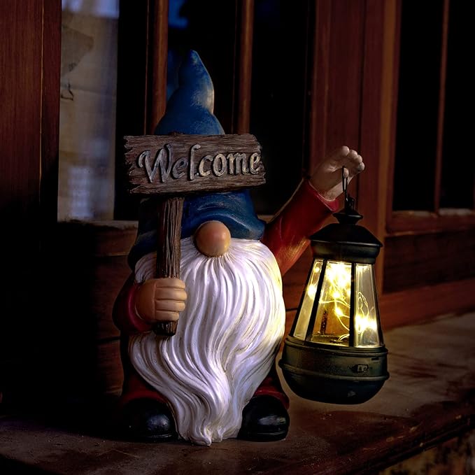 Garden Gnome Outdoor Decoration Solar Gnomes Statue with Lantern LED Lights,Terrace Courtyard Lawn Patio Porch Spring Decoration Easter Christmas Housewarming Gifts for Mom Women, Gnome Blue