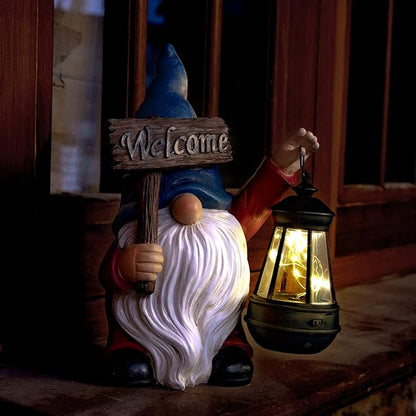 Garden Gnome Outdoor Decoration Solar Gnomes Statue with Lantern LED Lights,Terrace Courtyard Lawn Patio Porch Spring Decoration Easter Christmas Housewarming Gifts for Mom Women, Gnome Blue