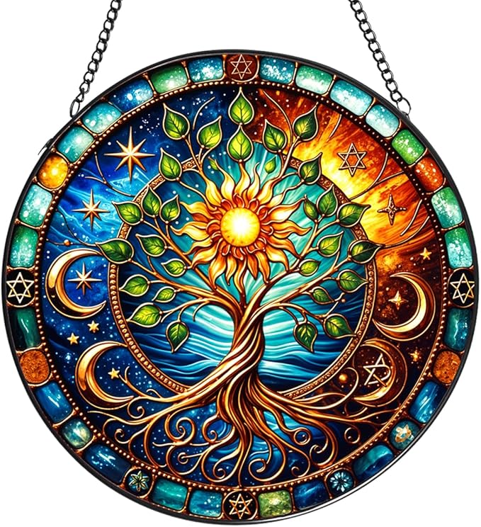 Tree of Life Stained Glass Window Hanging,7.87 Inch Sun Catcher Indoor Window Decorations Panel,Decor for Home,Garden,Festival,Mother’s Day,Housewarming Gift for Mom