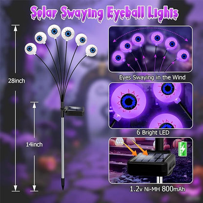 Halloween Decorations Outdoor, 4 Pack 24 LED Solar Purple Scary Eyeball Swaying Lights, Purple Solar Firefly Light Waterproof Outdoor Garden Lights for Halloween Yard Garden Lawn Party Flower Bed