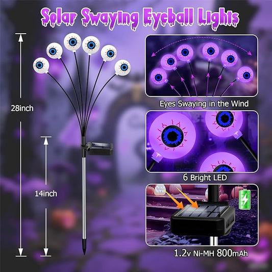 Kohlrabi Halloween Decorations Outdoor, 6 Pack 36 LED Solar Scary Eyeball Swaying Lights, Purple Solar Firefly Light Waterproof Outdoor Garden Lights for Halloween Yard Garden Lawn Party Flower Bed