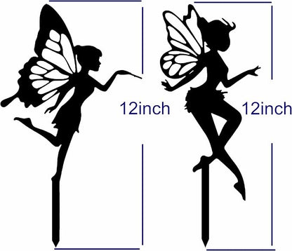 Garden Stake Metal Outdoor Decoration - Fairy With Magic Garden Stakes Outdoor Garden Decor Fairy Art Lawn Garden Silhouette Black Fairy Silhouette Stake for Yards, Gardens Spring Decor - Set of 2