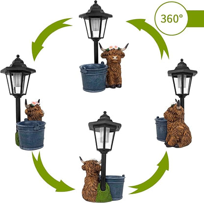 Solar Highland Cow Outdoor Statue, Garden Decor with Flowerpot & Lantern Highland Cow Figurines for Yard Art Lawn Ornaments Porch Patio Balcony - Gifts for Women Mom