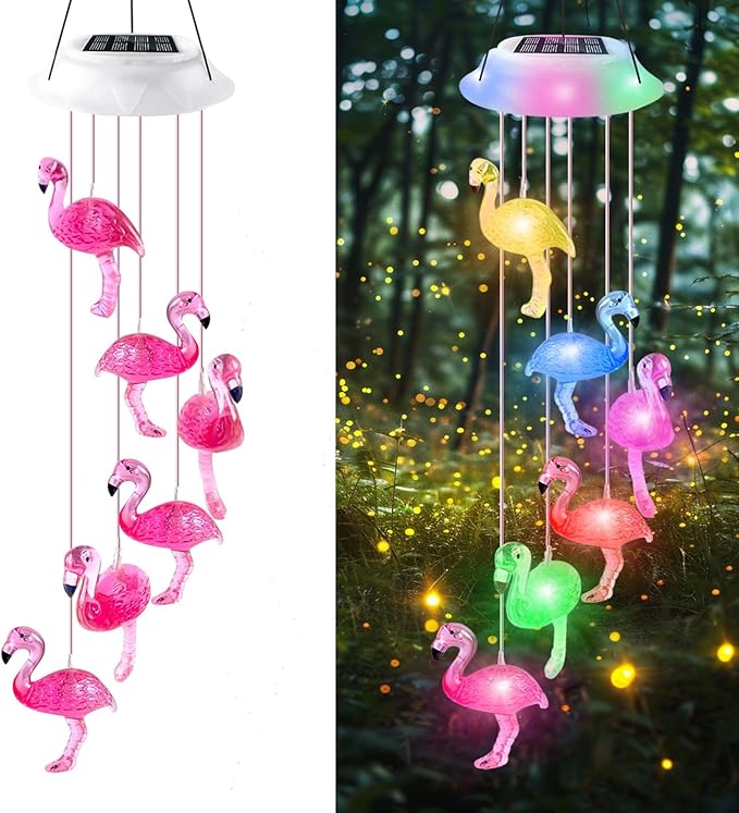 Solar Flamingo Flamingo Wind Chimes, Birthday Gifts for Mom Grandma Dad, IP65 Waterproof Memorial with 7 Color Changing LED Lights, Outdoor Decor Garden Yard Decorations