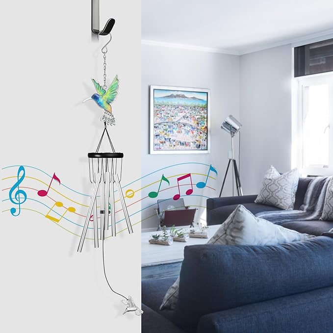 Outdoors Hummingbird Wind Chimes Sympathy Memorial for Loss of Loved One - Soothing Melodic Tones Aluminum Chime Great as a Gift for Your Patio Porch Garden and Backyard (Silvery, Hummingbird)