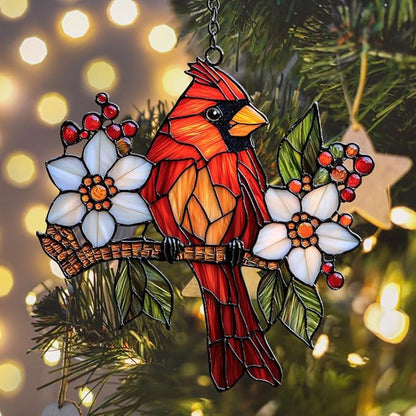 Red Cardinal Acrylic Suncatcher Stained Glass Effect Window Car Hanging Christmas Ornament Indoor Outdoor Decor Garden Sun Catcher Panel for Cardinal Lover for Women Mom Grandma