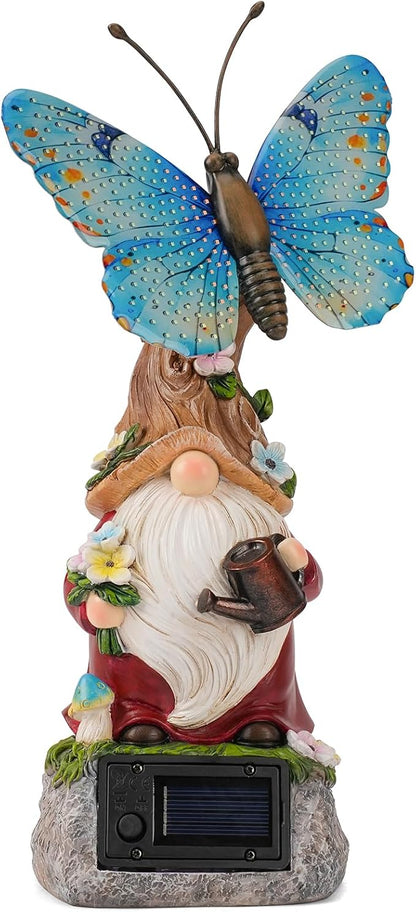 WSgift Garden Gnome Statues Solar-Powered Butterfly Resin Figurine Waterproof Outdoor Decor Mother's Day Blue