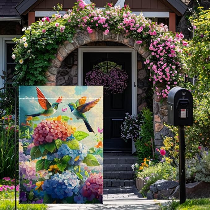 Hummingbirds Hydrangeas Garden Flag 12x18 Inch Double Sided Burlap, Spring Summer Welcome Colorful Floral Yard Decor, Farmhouse Outdoor Flag