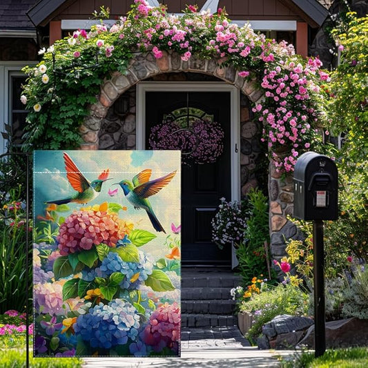 Hummingbirds Hydrangeas Garden Flag 12x18 Inch Double Sided Burlap, Spring Summer Welcome Colorful Floral Yard Decor, Farmhouse Outdoor Flag