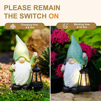 Gnome Statue with Solar Lantern - 4.92L x 9.92H Garden Figurines for Home and Garden Decor, Gnome Decorations Gift Ideas, Gifts for Women Mom