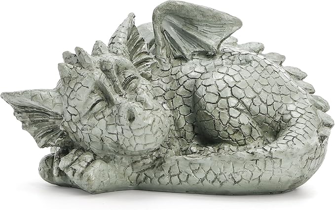 Jucoan Cute Sleeping Dragon Statue Outdoor Garden Decor, 8 Inch Resin Dragon Figurine Sculpture Lawn Ornaments for Outside Patio Yard, Fantasy Dragons Garden Statues Gifts for Mom, Woman