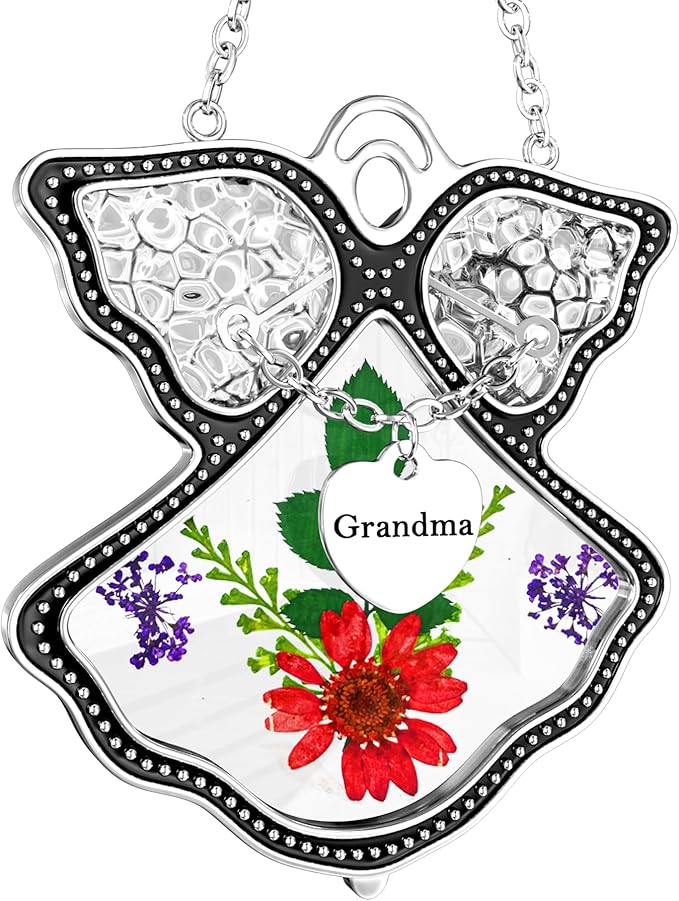 KY&BOSAM Grandma Angel Suncatcher Stained Glass Suncatchers for Windows Hanging Wind Chime with Pressed Dried Flower and Metal Trim Charm Birthdays Gifts for Grandma Mothers Day Valentines Christmas