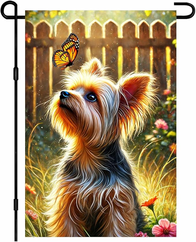 BlissYard Spring Summer Garden Flag 12x18 Inch Dog Flag Double Sided Yorkshire Terrier Butterfly Garden Flags Outdoor Yard Lawn Porch Patio Decor Banner for Pet Lovers