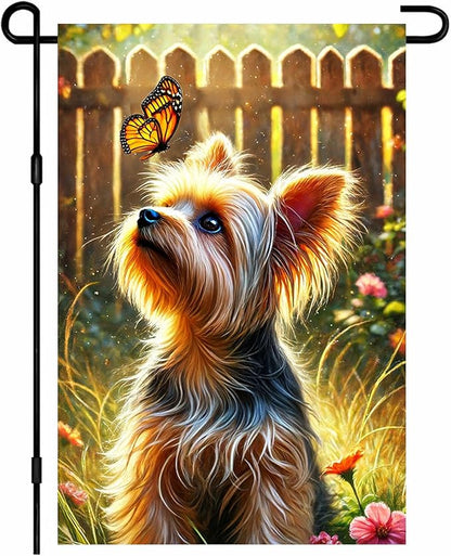 BlissYard Spring Summer Garden Flag 12x18 Inch Dog Flag Double Sided Yorkshire Terrier Butterfly Garden Flags Outdoor Yard Lawn Porch Patio Decor Banner for Pet Lovers