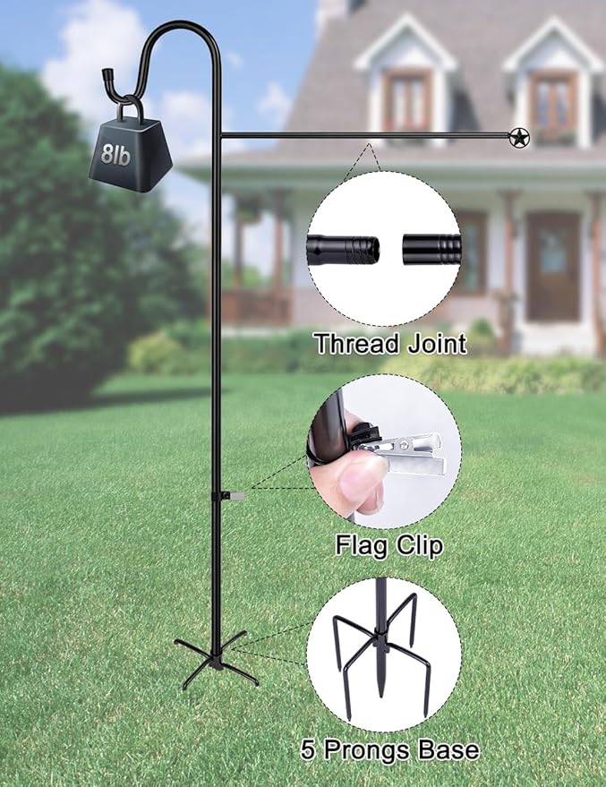 LOPANNY Large Garden Flag Holder Stand Pole for 28 x 40 Flags with Shepherds Hooks for Outdoor - Upgraded Sturdy 60 Inches Yard Flag Post Stake Perfect for Outdoor Decor(without Solar Lights & Flag)