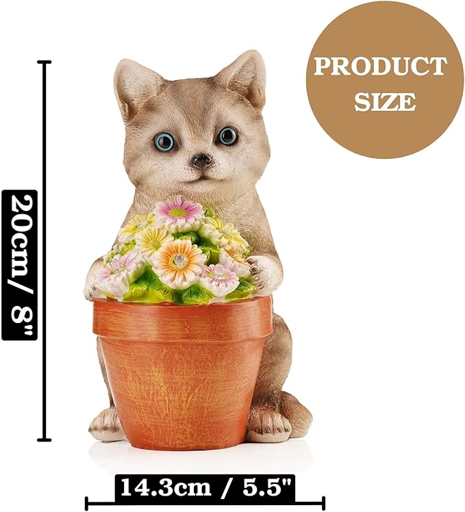 Muldale Cat Solar Light - Cat Garden Statue Outdoor - Solar Powered Cat Garden Decor for Outside - Hand Painted Floral Plant Pot Light Up Cat, Brown
