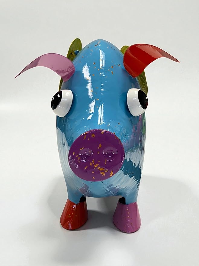 Colorful Enameled Metal Flying Pig Statue - Blue, Patio and Lawn Outdoor Garden Decor, Indoor Home Decoration, Yard Art, Farm Animal Sculpture