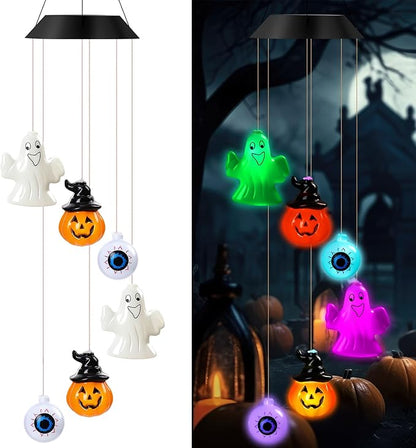 GlikCeil Halloween Solar Wind Chimes 27.5Inch Halloween Decorations Outside Waterproof Hanging LED for Yard, Porch, Patio, Party, Color Changing Eyeballs Ghost Lights(Mixed)