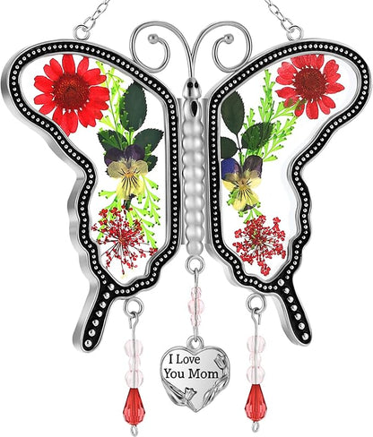 KY&BOSAM Metal Transparent Glass Butterfly Suncatcher with I Love You Mom Engraved Tag Real Preserved Dried Flower Window Hanging Ornament Garden Home Wall Decor Mothers Day Birthday Gift for Mom Nana