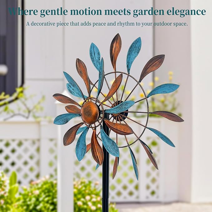 Wind Spinners Outdoor Metal, 360° Kinetic Wind Spinner with Stake, Metal Garden Yard Patio Lawn Windmill Decor (12.6" Dia, 56.7" H, Copper & Teal Petal)