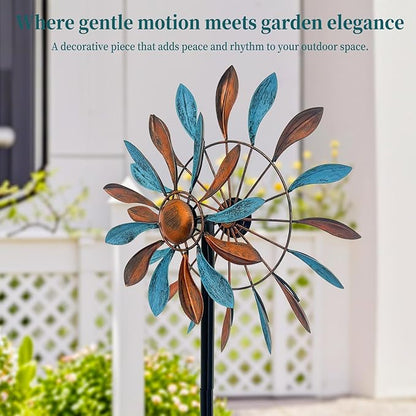 Wind Spinners Outdoor Metal, 360° Kinetic Wind Spinner with Stake, Metal Garden Yard Patio Lawn Windmill Decor (12.6" Dia, 56.7" H, Copper & Teal Petal)