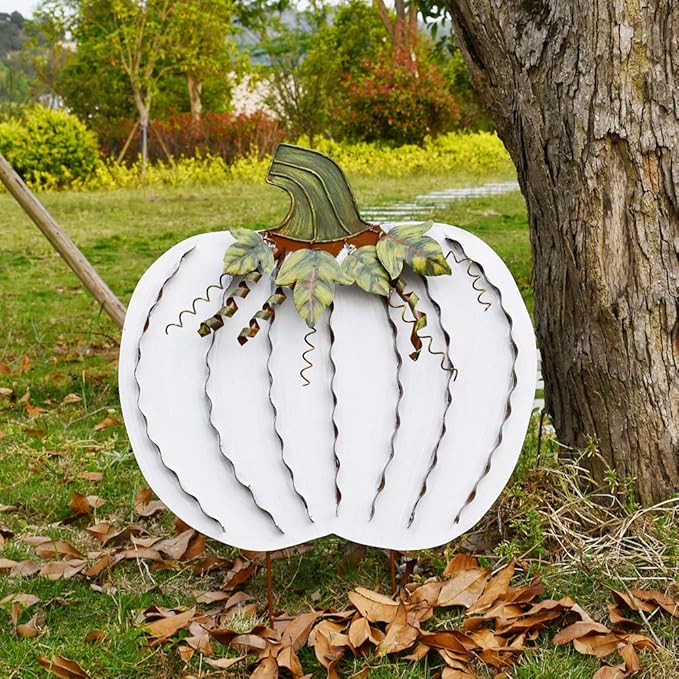 Morning View Pumpkin Garden Stakes Metal Yard Sign Fall Decor Outdoor Autumn Yard Stake Art Pumpkin Lawn Ornaments for Patio Porch Thanksgiving Halloween Harvest 30 Inches Tall(White)