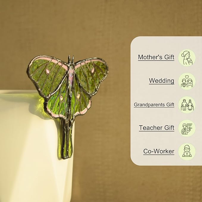 Lolitarcrafts Stained Glass Butterfly Suncatcher-Monarch or Luna Moth Design for Indoor and Outdoor Plant Decoration,Colorful Glass Plant Pot Ornament, Plant Lovers Gifts (Green Luna Moth)
