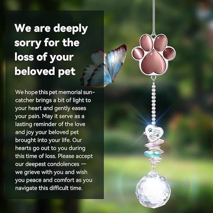 Dog Memorial Gifts for Loss of Dog, Pet Memorial Gifts for Dogs, Thoughtful Bereavement Remembrance Crystal Suncatcher with Sympathy Card (Purple Red)