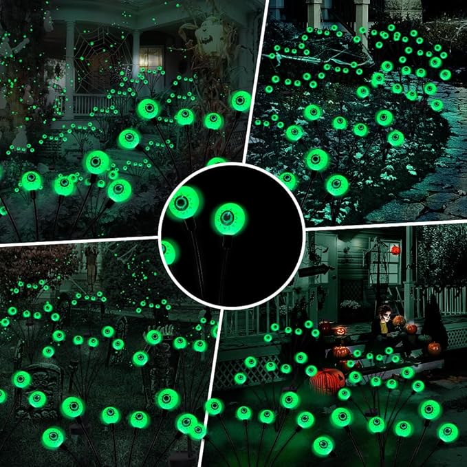 BeHiller Halloween Decorations Outdoor Solar Scary Eyeball Lights,2PACKS 12LED Green Eyeball Swaying Firefly Lights,Waterproof Solar Halloween Path Lights for Yard/Garden/Lawn/Party Decor