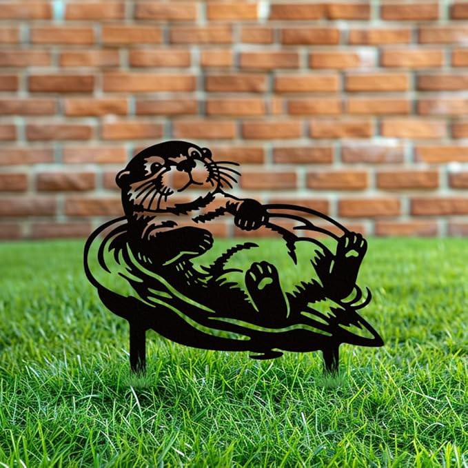 WADORN Cute Otter Metal Decorative Garden Stakes, Black Otter Outdoor Statues Silhouette Funny Wildlife Otters Lover Gifts Stakes Ornaments for All Season Yard Art Garden Patio Backyard Lawn Decors
