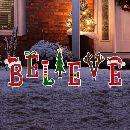 Glitzhome 7 Sets Believe Christmas Yard Stakes, 23" H Metal Garden Ornaments Wall Decor for Christmas Decorations