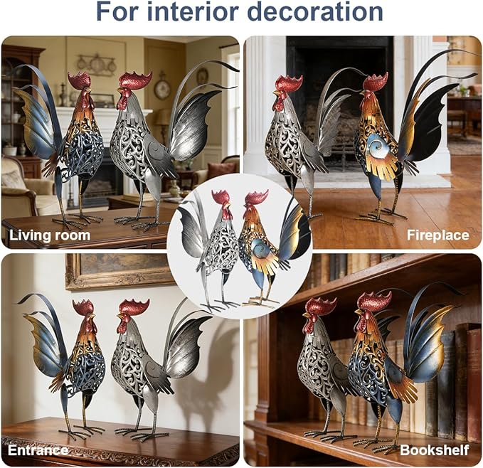 18" Metal Roosters Garden Statues Outdoor Decor - Carved Iron Rooster Yard Art for Patio, Lawn, Backyard, Farmhouse - Chicken Lover Gifts-Set of 2