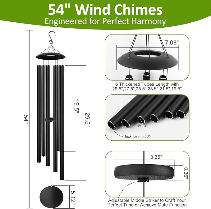 54" Large Wind Chimes for Outside Deep Tone - Gift Box Packaged, Soothing Windchimes Outdoors with 6 Thickened Aluminum Tubes for Garden Decor, Gifts for Parents, Friends and Loved Ones (Black)