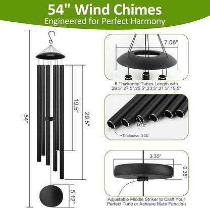54" Large Wind Chimes for Outside Deep Tone - Gift Box Packaged, Soothing Windchimes Outdoors with 6 Thickened Aluminum Tubes for Garden Decor, Gifts for Parents, Friends and Loved Ones (Black)