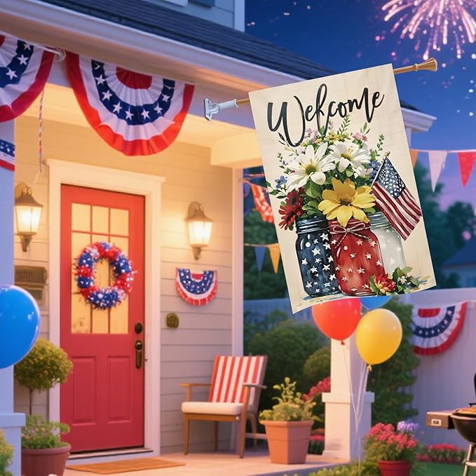 4th of July Mason Jar Flowers Summer Garden Flag 28x40, Patriotic Celebration Double-Sided Decorative Burlap Yard Flag for Memorial Day Independence Day Outside Decoration Holiday Festivities