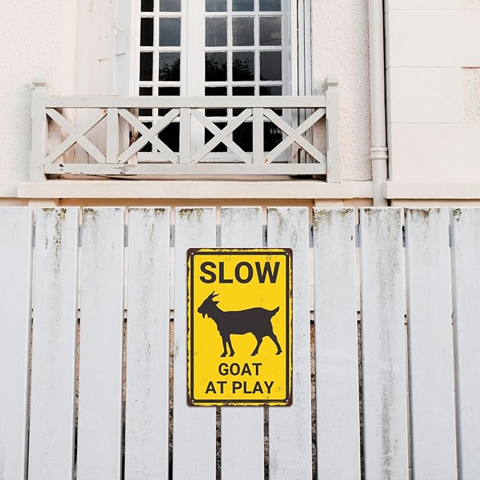 Slow Goat at Play Aluminium Metal Sign, Funny Goat Warning Sign, Vintage Goat Decor, Goat Gift, Goat House Decor, Wall Decor for Farmhouse/Home/Yard/Children Room, 8"x12" Indoor/Outdoor