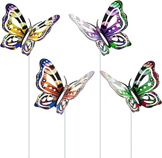 4Pcs Butterfly Garden Stakes Decor, Colorful Butterflies Decorations, Metal Yard Art for Outdoor Lawn Porch Pathway Yard Patio Plant Pot Ornaments (Butterfly- A)