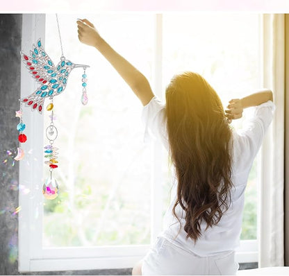 Hummingbird Gifts for Mom Grandma, Crystal Sun Catcher Hanging Indoor Window, Mothers Day Birthday Valentines Day Gifts for Women Bird Lovers, Love Pendant Home Decorations Garden Outdoor (Silver)