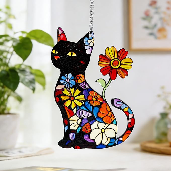 Cat Stained Glass Suncatcher Window, Hanging Sun Catchers Indoor Window, Cat Lover Suncatcher for Mom/Women
