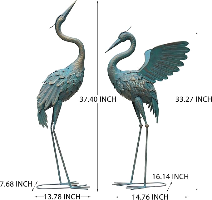 33-37 Inch Metal Crane Garden Statue Décor, Bird Garden Sculpture & Statues, Outdoor Decoration for Yard Patio Lawn Backyard Pool, Spring Decorations for Home, Set of 2