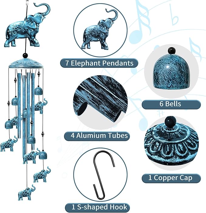 Elephant Wind Chimes for Outside, 35" Decorative Wind Chimes Navy Blue Elephant Gifts for Women, Memorial Windchimes Outdoors with S Hook for Patio Garden Decor, Birthday Gifts for Mom Grandma