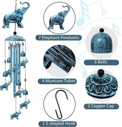 Elephant Wind Chimes for Outside, 35" Decorative Wind Chimes Navy Blue Elephant Gifts for Women, Memorial Windchimes Outdoors with S Hook for Patio Garden Decor, Birthday Gifts for Mom Grandma