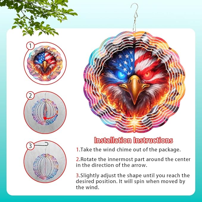 10x10 Patriotic Bald Eagle Fire Wind Spinner American Flag Crystal Chimes Outdoor Garden Decor Spinning Wind Chime Memorial Day 4th of July Gift