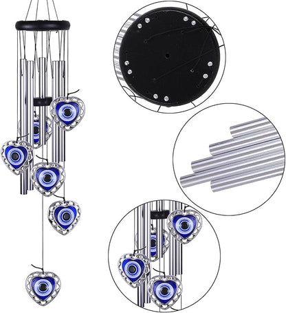 Blue Evil Eye Heart-Shaped Wind Chimes Outdoor Decor, Mobile Evil Eye Windcatcher, Heart Evil Eye Wind Bells, Blue Evil Eye Amulet Wind Chimes for Home, Gift for Mom, Balcony, Patio, Garden Decoration
