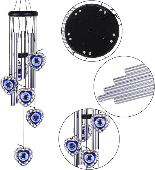 Blue Evil Eye Heart-Shaped Wind Chimes Outdoor Decor, Mobile Evil Eye Windcatcher, Heart Evil Eye Wind Bells, Blue Evil Eye Amulet Wind Chimes for Home, Gift for Mom, Balcony, Patio, Garden Decoration