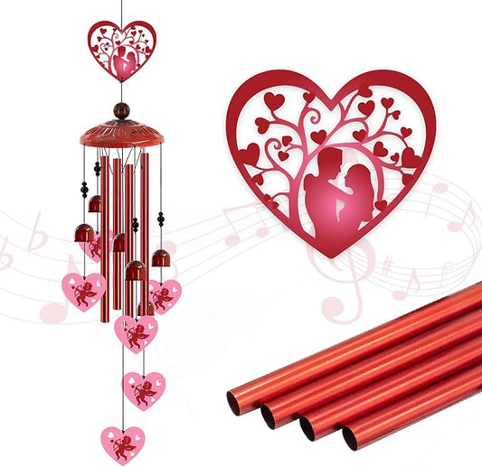 Love Heart Wind Chimes Outdoor,Romantic Metal Wind Chime for Couples – Valentine’s Day Anniversary Wedding Gift for Wife & Husband, Cupid & Couple Garden Porch Decor (Red)
