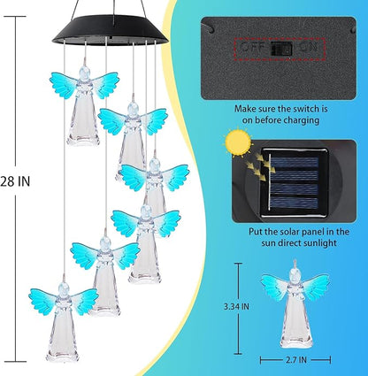MorTime 28" LED Solar Wind Chime, Color Changing Solar Angel Wind Chimes Mobile Hanging Wind Chime for OutsideHome Garden Decoration