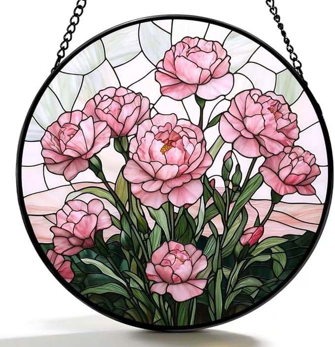 Stained Glass Window Hanging - Blooming Pink Peonies 6.3 Inches Suncatcher for Garden Home Decor for Women Mon Grandma Friends